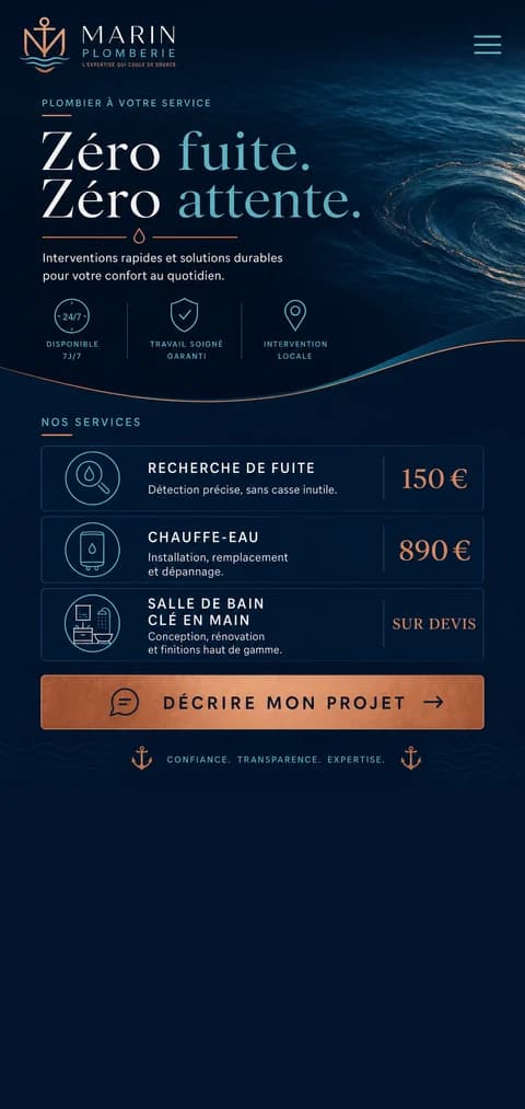 Vitrine Marin Plomberie : navy et cuivre, zéro fuite zéro attente