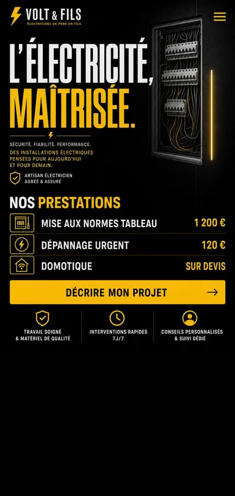 Vitrine Volt & Fils, électricien : noir et jaune électrique, prestations et prix